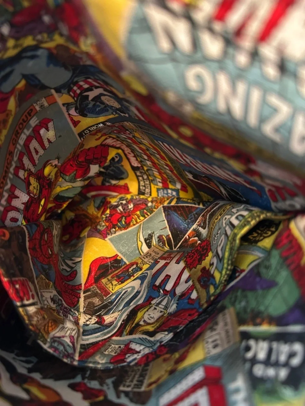 Marvel Comic Collage Fabric Crossbody Bag in Red, Yellow, Blue